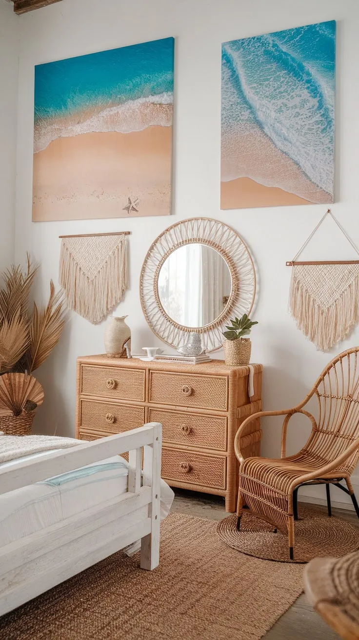 This boho farmhouse bedroom is a sanctuary of calm. A whitewashed bed, wicker accents, and beach-themed canvases create a space that's both inviting and effortlessly stylish. The woven rug underfoot adds a touch of texture and warmth, making it the perfect place to unwind and escape.
