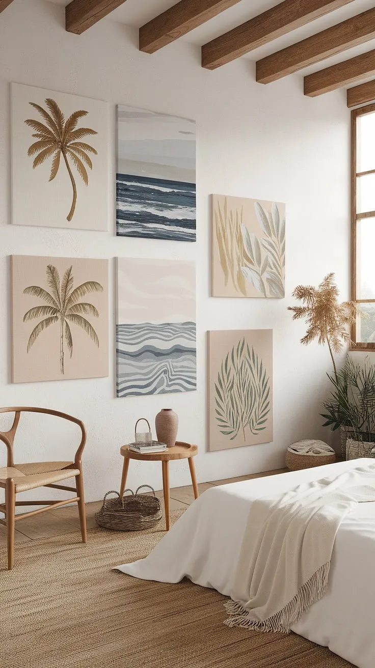 Sunlight streams through the wooden beams, illuminating this tranquil beach-inspired bedroom. The simple elegance of the white bed, paired with the rustic wooden chair and the calming ocean artwork, creates a space where relaxation meets effortless style. A sanctuary for the soul.