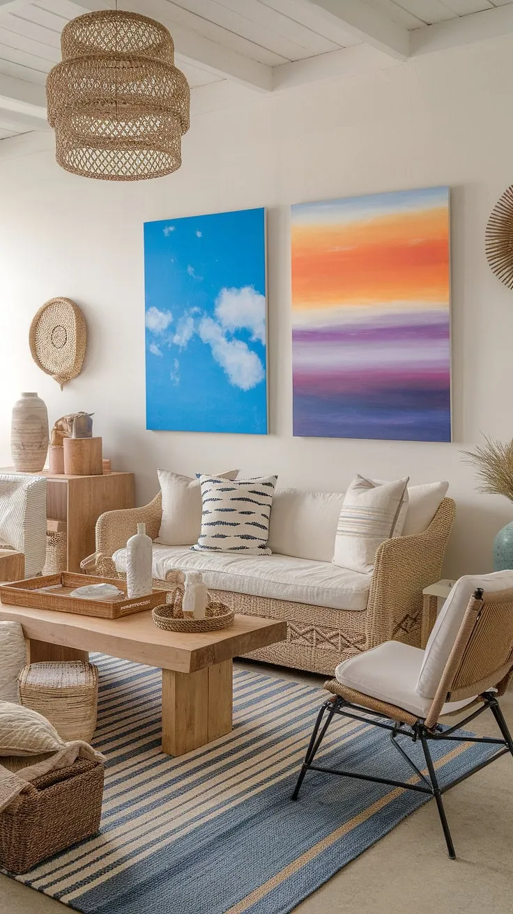 This boho farmhouse living room effortlessly blends beachy vibes with rustic warmth. The calming color palette, paired with natural textures and a accents, evokes a sense of serene coastal living.
