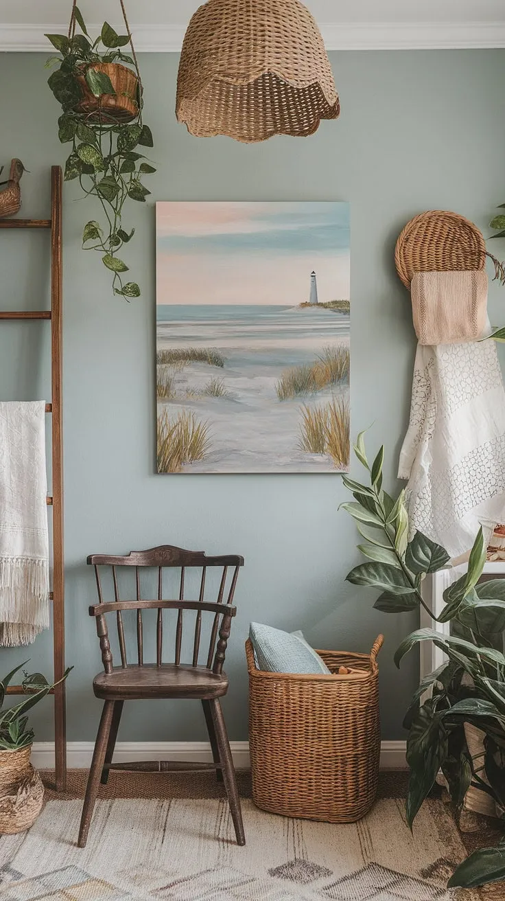 This boho farmhouse bedroom effortlessly blends beachy vibes with rustic charm. The lighthouse painting adds a nautical touch, while the wooden ladder and wicker basket bring in a farmhouse feel. A peaceful retreat where coastal serenity meets rustic warmth.