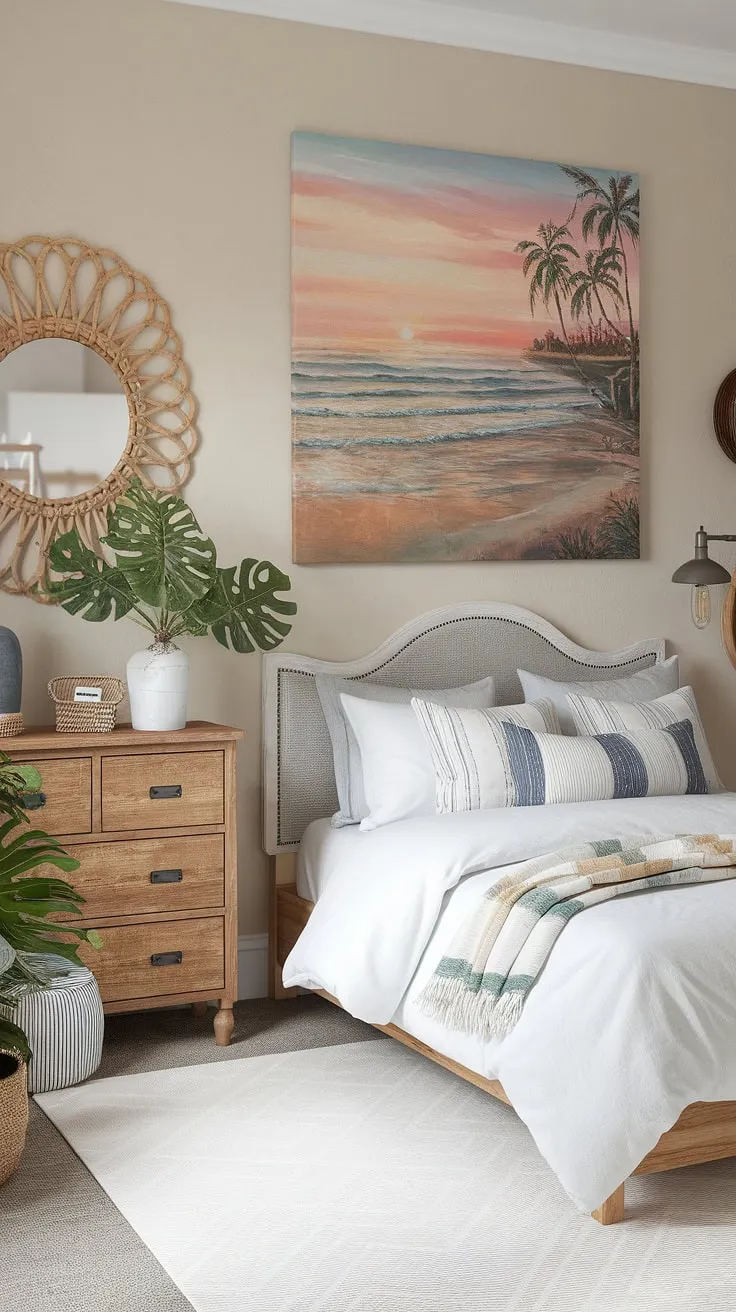 This boho farmhouse bedroom is a sanctuary of coastal calm. The whitewashed walls and fluffy bedding create a bright and airy feel, while the beach-inspired artwork and wooden accents add warmth and character. A peaceful retreat where you can unwind and let the ocean breeze wash over you.