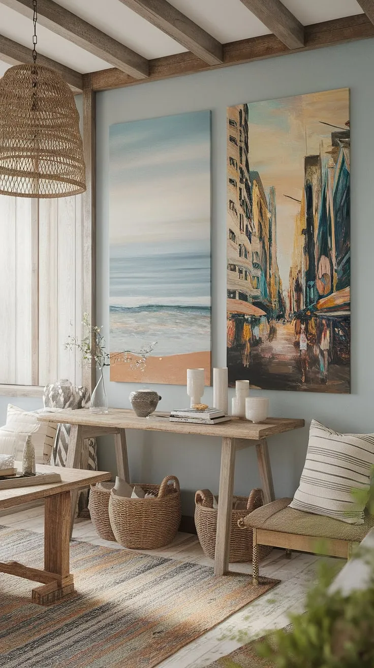 A perfect blend of farmhouse coziness and beachy vibes. This space effortlessly combines rustic elements like the wooden beams and table with serene beach canvas paintings and a comfortable seating area. The soft blue walls and vintage lamp add to the overall relaxed and inviting feel.