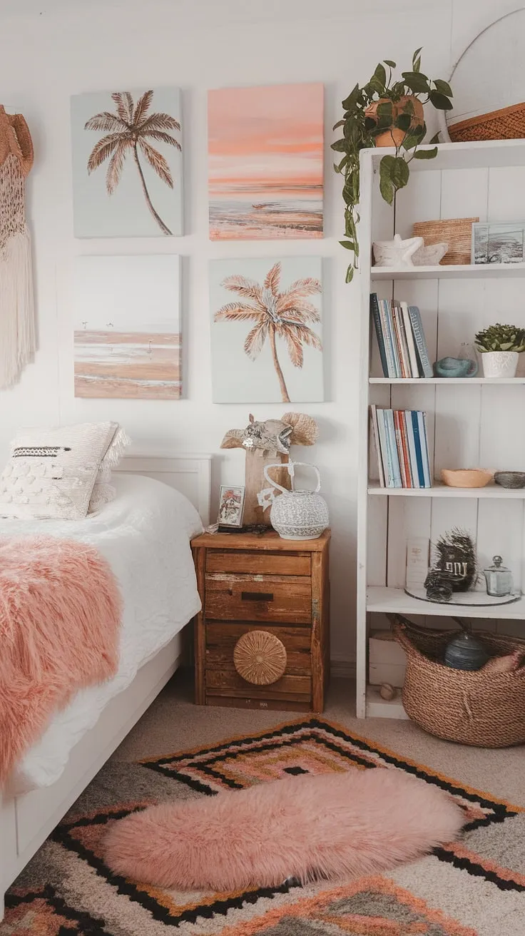 Sun-kissed days and peaceful nights. This boho farmhouse bedroom is a dreamy escape, showcasing the perfect balance between rustic elegance and beachy vibes. The soft pink blanket and coastal artwork invite you to unwind and let the ocean breeze wash over you.