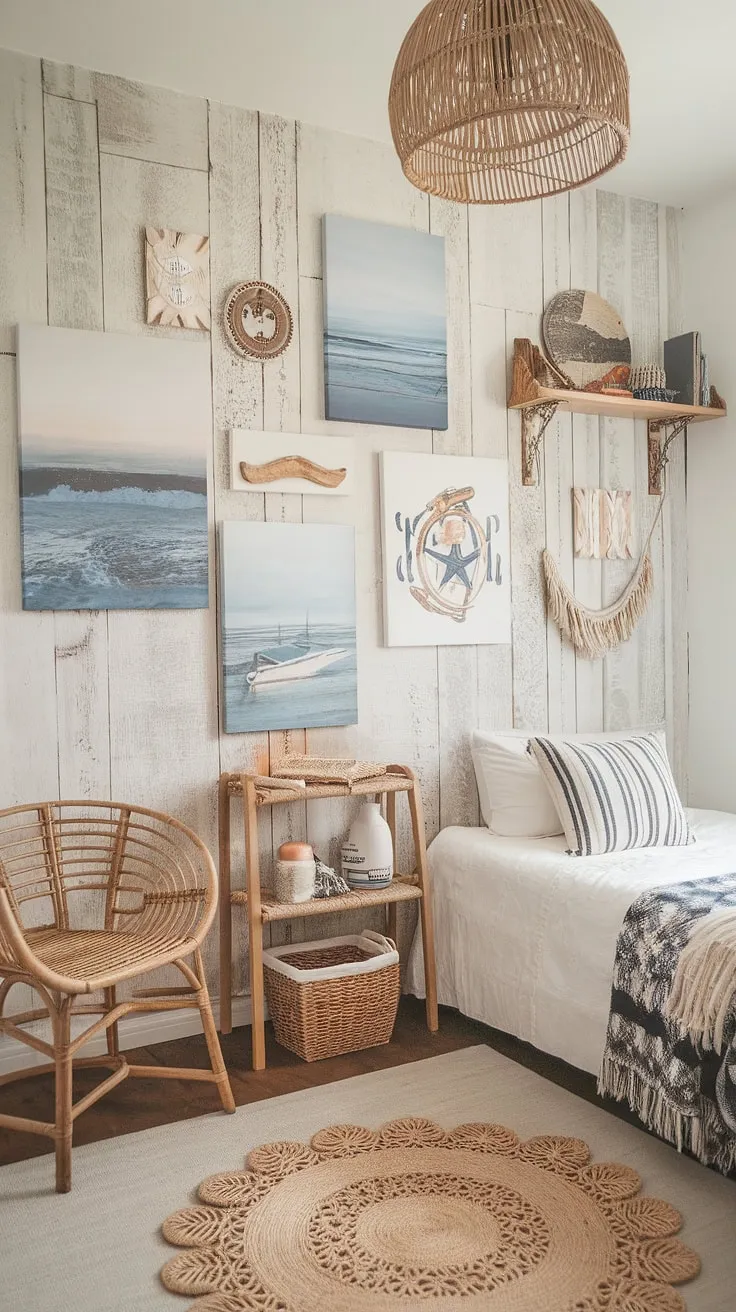 This boho farmhouse bedroom is a tranquil escape, blending beachy vibes with rustic farmhouse charm. The nautical-themed canvas art, rattan furniture, and woven blanket create a calming atmosphere, while the distressed wood accent wall adds a touch of character. A serene sanctuary where relaxation meets style.