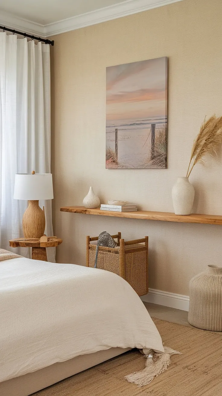 Drift away to coastal dreams in this serene boho farmhouse bedroom. The calming beige palette, natural wood accents, and beach-themed artwork create a tranquil escape, perfect for unwinding after a day spent basking in the sun. A simple elegance pervades the space, offering a peaceful retreat.