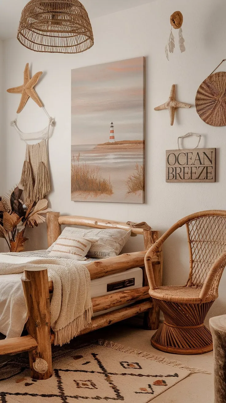 Escape to this idyllic boho farmhouse bedroom, where rustic charm meets coastal serenity. The rough-hewn wood, woven textures, and a calming beach scene painting create a peaceful retreat. Seashells and starfish add a touch of whimsy, inviting you to unwind and let the ocean breeze wash over you.