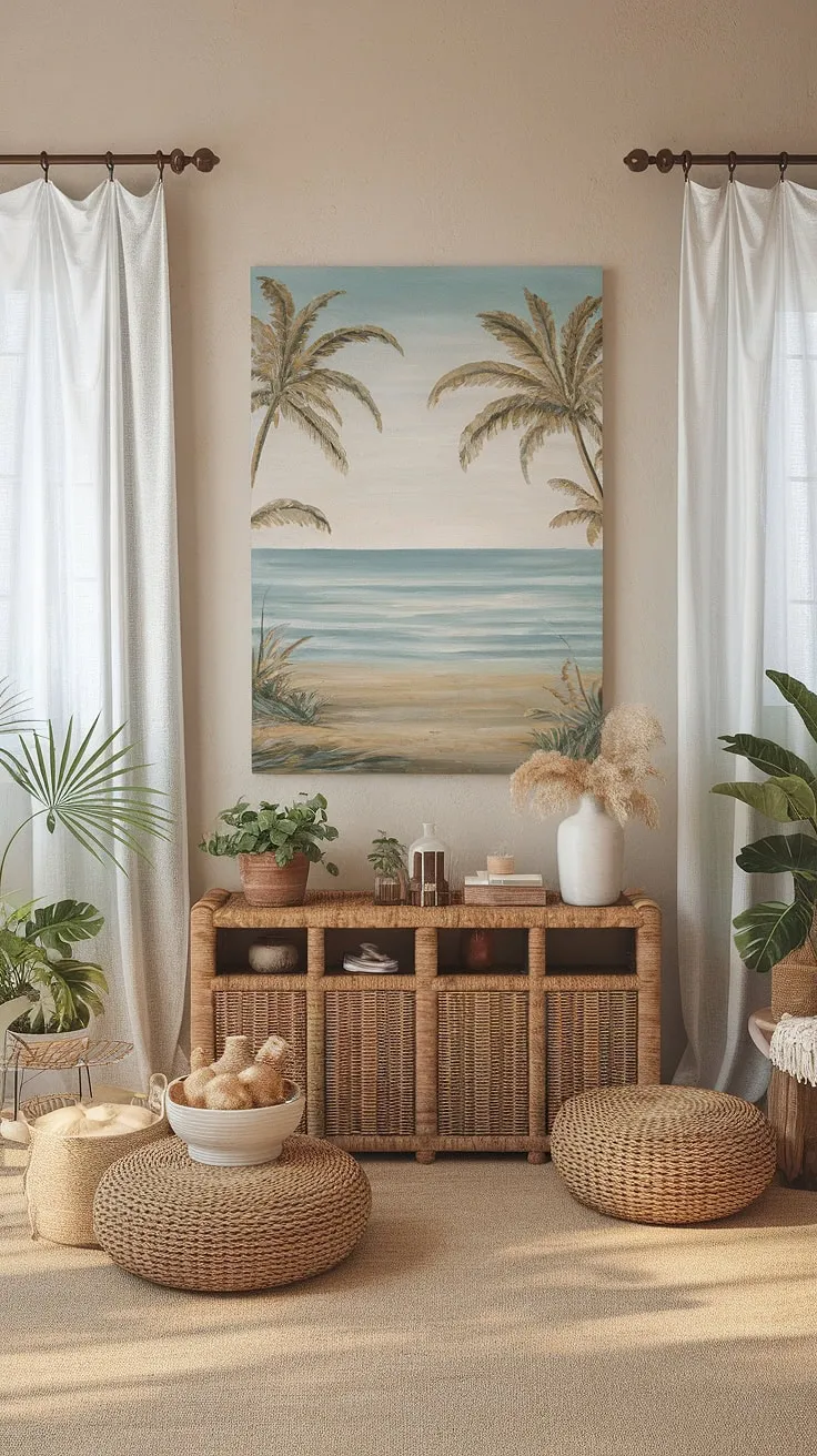 A dreamy escape awaits. This boho farmhouse, adorned with a captivating beach scene canvas, seamlessly merges rustic textures with coastal elegance. The soft lighting and neutral palette create a calming ambiance, while the carefully curated details, from woven baskets to potted plants, add a touch of personality and warmth. It's the perfect blend of comfort and style.