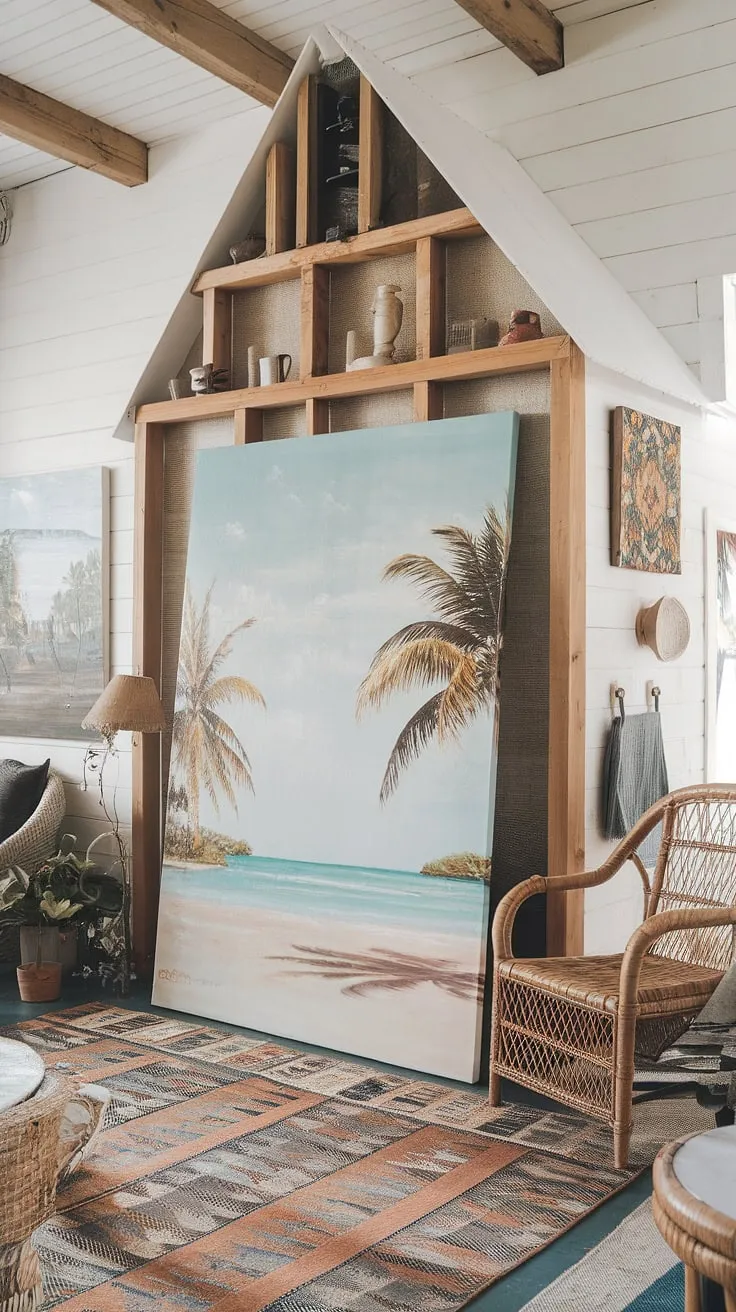A sun-drenched escape awaits. This boho farmhouse, adorned with a breathtaking beach scene, invites you to unwind and embrace the simple pleasures. The interplay of textures-from the smooth white walls to the warm wood-and the calming blue hues of the artwork create a space that is both inviting and utterly restorative. The perfect blend of rustic and coastal living.