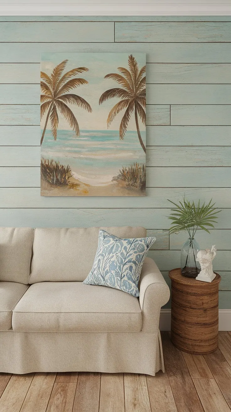 Coastal charm meets farmhouse coziness in this serene living space. The light blue shiplap walls, wooden floors, and beach-themed artwork create a tranquil atmosphere, perfectly complemented by the inviting couch and textured throw pillows. A perfect blend of styles for ultimate relaxation.