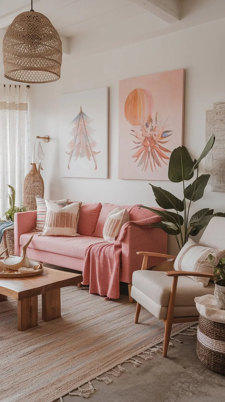 This boho farmhouse living room effortlessly blends beachy vibes with rustic elegance. The soft pink couch, natural textures, and calming color palette create a serene atmosphere, while the carefully curated artwork and plants add personality and warmth. It's the perfect blend of comfort and style.