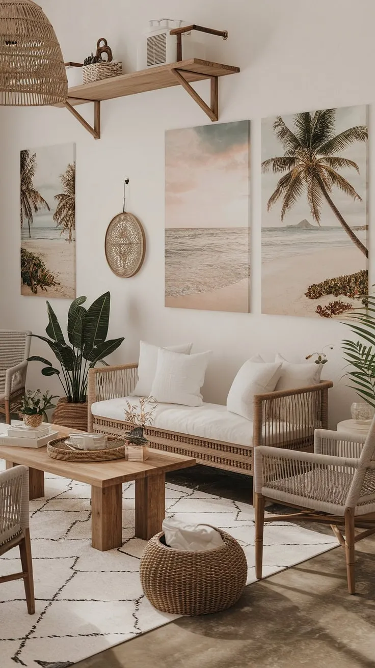 Coastal charm meets farmhouse comfort in this serene living space. The beige couch, adorned with white pillows, invites relaxation while beach-themed artwork and décor create a tranquil atmosphere. A perfect blend of textures and styles, this room effortlessly captures the essence of a seaside escape.