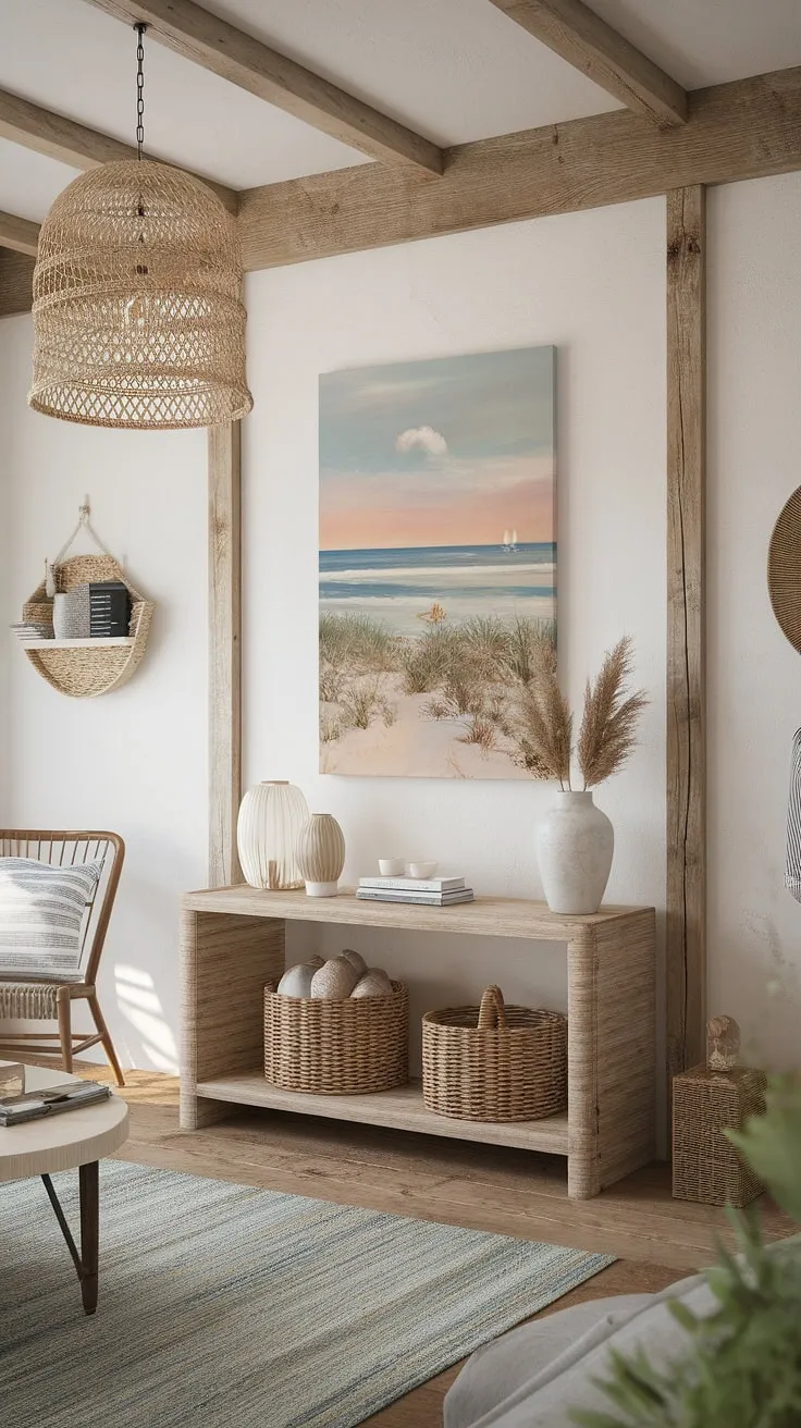 Coastal farmhouse dreams come true in this sun-drenched space. The rustic charm of exposed beams and whitewashed walls is perfectly complemented by the breezy beach decor, creating a haven of relaxed elegance. A touch of boho spirit adds warmth and personality.