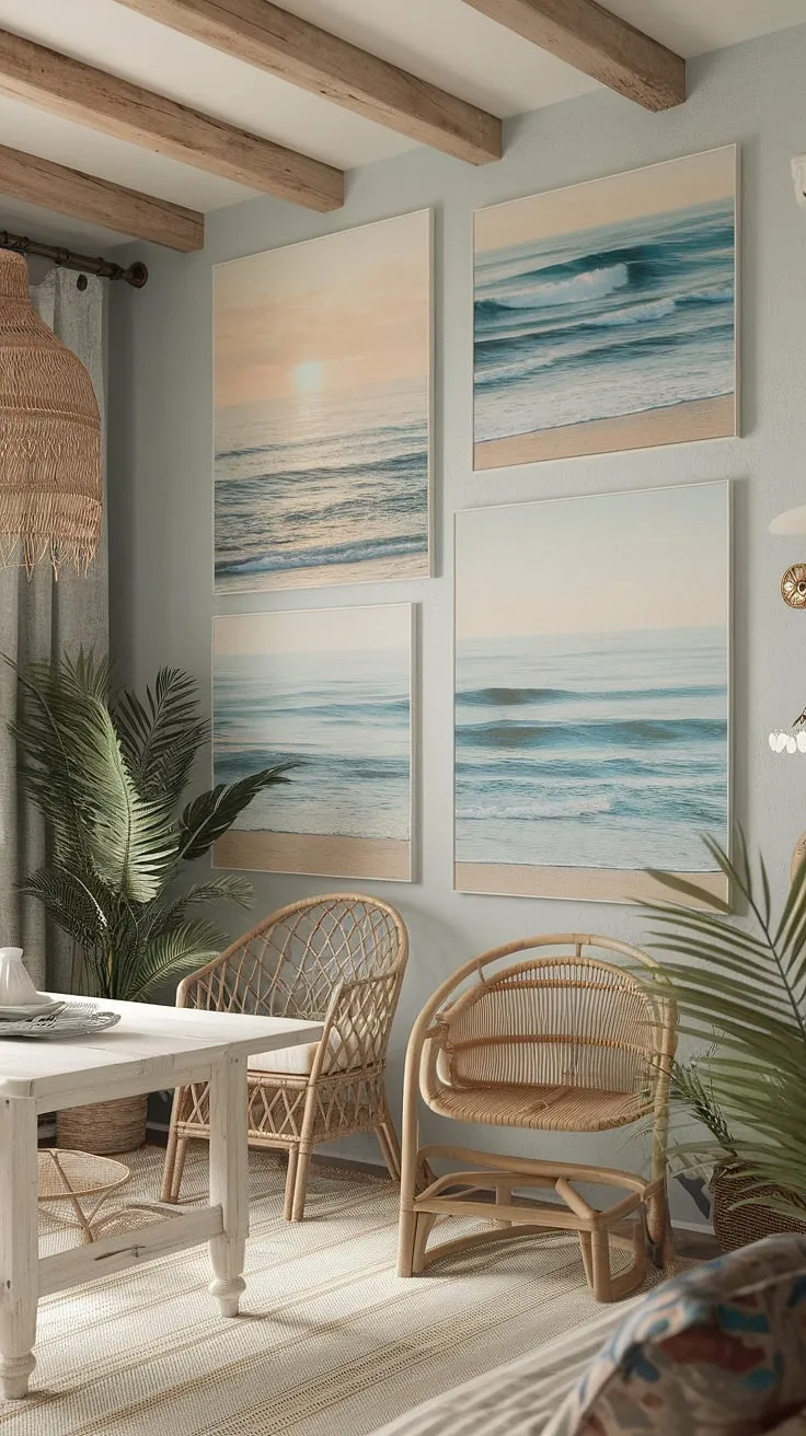 Coastal charm meets farmhouse tranquility in this dreamy bedroom. The light blue walls, wooden beams, and beach-themed artwork create a serene space perfect for relaxation, blending rustic elements with a breezy, beachy vibe. A perfect blend of comfort and style.