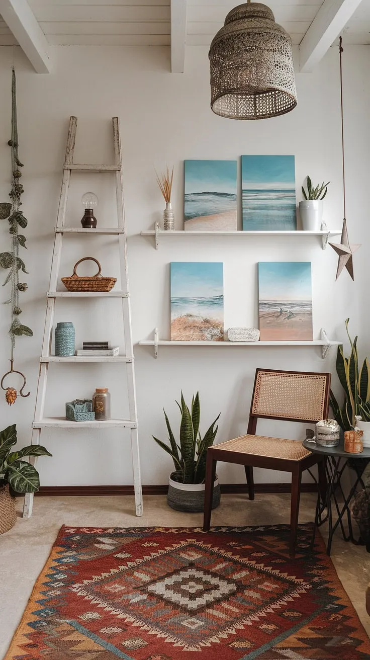 Coastal charm meets farmhouse tranquility in this sun-drenched space. The whitewashed ladder, brimming with beach-themed treasures and vintage finds, adds a touch of rustic elegance, perfectly complemented by the woven textures and calming color palette. A perfect blend of a styles creates a serene and inviting atmosphere.