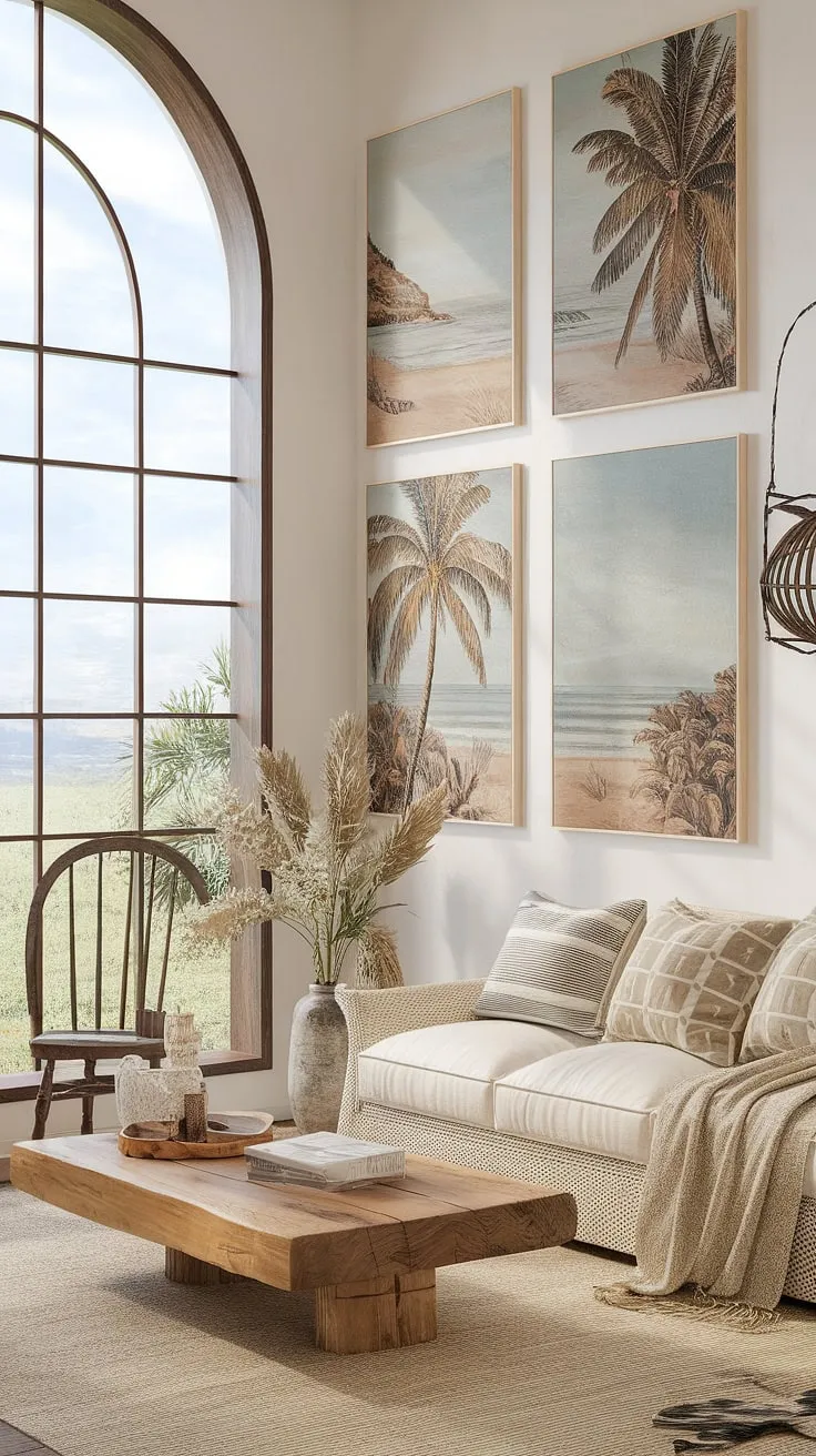 Coastal serenity meets farmhouse charm in this tranquil space. The large window offers breathtaking views, perfectly complementing the beach-themed artwork and relaxed boho style. A perfect blend of textures and natural light creates a calming atmosphere, ideal for unwinding and escaping the everyday.