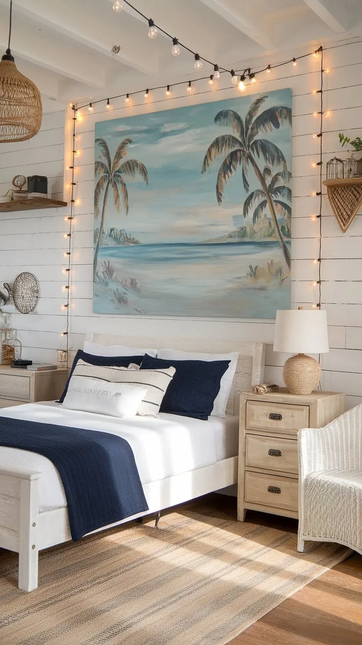 Drift off to sleep in this serene boho farmhouse bedroom, where coastal charm meets rustic tranquility. The calming beach scene above the bed, paired with the soft navy blanket and wicker accents, creates a peaceful retreat perfect for unwinding after a long day. A perfect blend of textures and styles creates a space that feels both cozy and inviting.