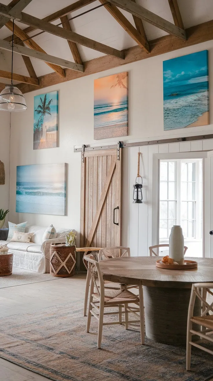 This boho farmhouse embraces the spirit of the coast with its relaxed vibe and beach-inspired decor. The rustic wooden elements, paired with vibrant artwork and comfortable seating, create a welcoming haven. From the vintage lighting to the thoughtfully chosen textiles, every detail speaks to a love of a simple elegance and seaside living.