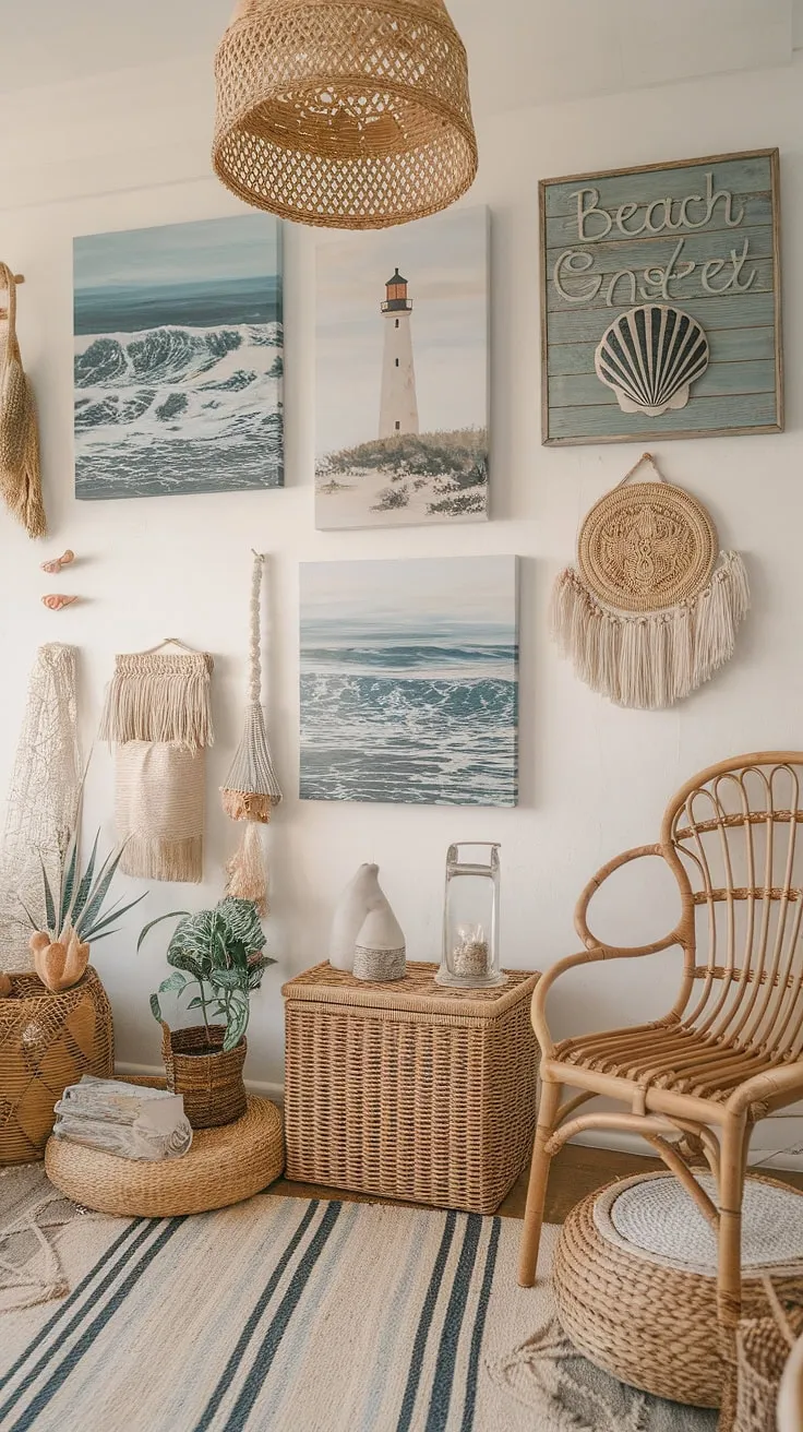 Coastal charm meets farmhouse coziness in this sun-drenched haven. The blend of rustic wood, woven textures, and ocean-inspired art creates a tranquil retreat where the beach house vibe meets the warmth of home. A perfect escape.