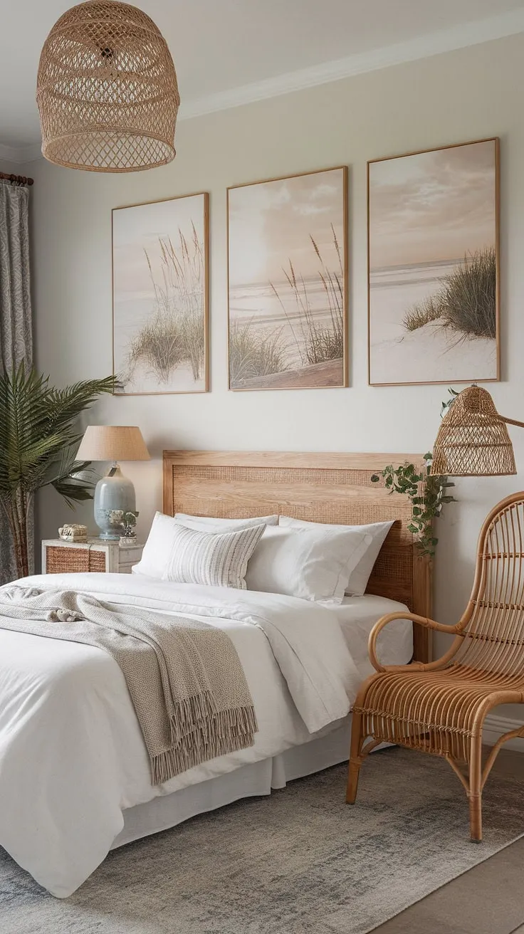 Drift away to a peaceful haven where boho farmhouse style meets the soothing embrace of the sea. The light-filled room, adorned with beach-themed canvases and natural textures, offers a sanctuary of calm and effortless elegance. A space designed for relaxation and inspired by the beauty of the coast.