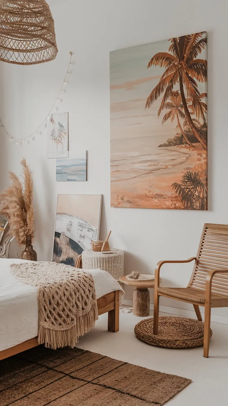 Drift away to coastal dreams in this boho farmhouse haven. The woven textures, calming beach art, and soft lighting create a sanctuary of tranquility, perfect for unwinding and embracing the simple pleasures. A perfect blend of rustic charm and seaside serenity.