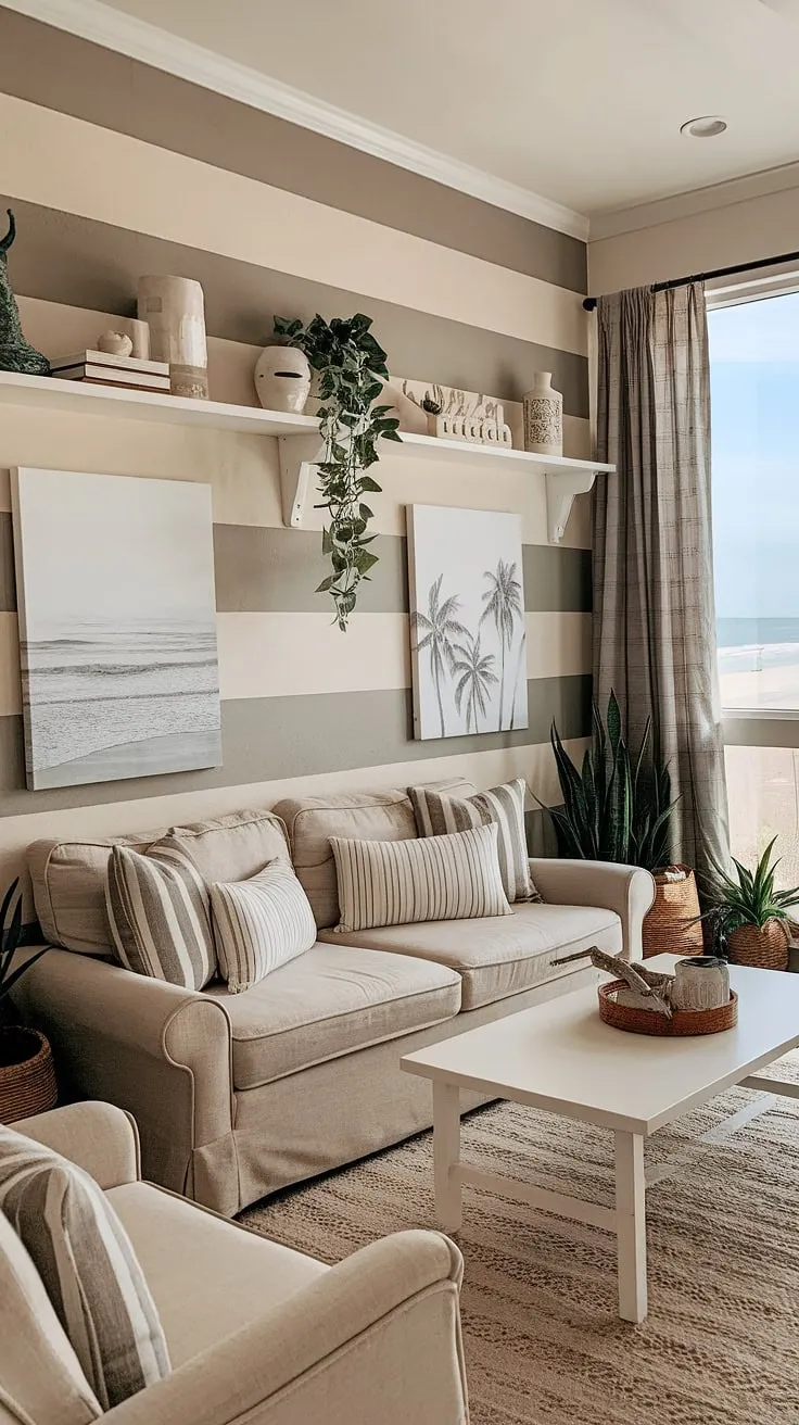 Imagine waking up to this view every morning! This boho farmhouse beach room seamlessly blends rustic elegance with coastal vibes. The neutral palette, complemented by the seascape canvases and lush greenery, creates a relaxing and inviting space where you can truly feel at home, by the beach.