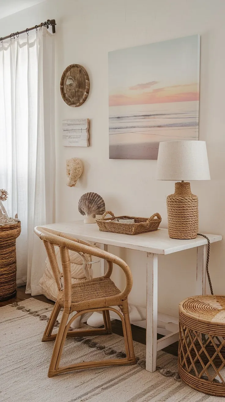 Drift away to a peaceful haven where boho farmhouse style embraces the beach. A whitewashed table, wicker chair, and calming beach artwork create a sanctuary of tranquility. The subtle details, from the rope lamp to the seashell, perfectly capture the essence of coastal living.