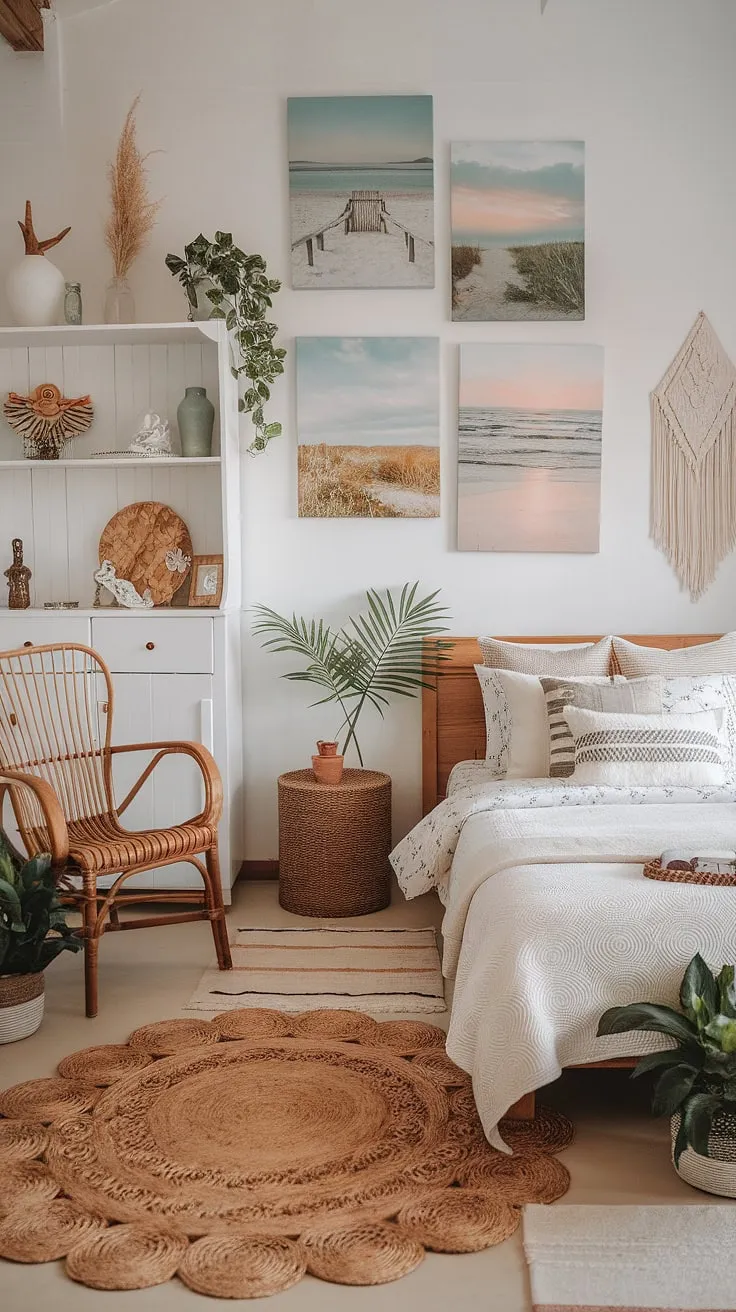 Coastal dreams meet farmhouse charm in this serene bedroom. The blend of rustic wood, woven textures, and calming beach art creates a space that's both cozy and effortlessly stylish. A perfect retreat for those seeking tranquility.