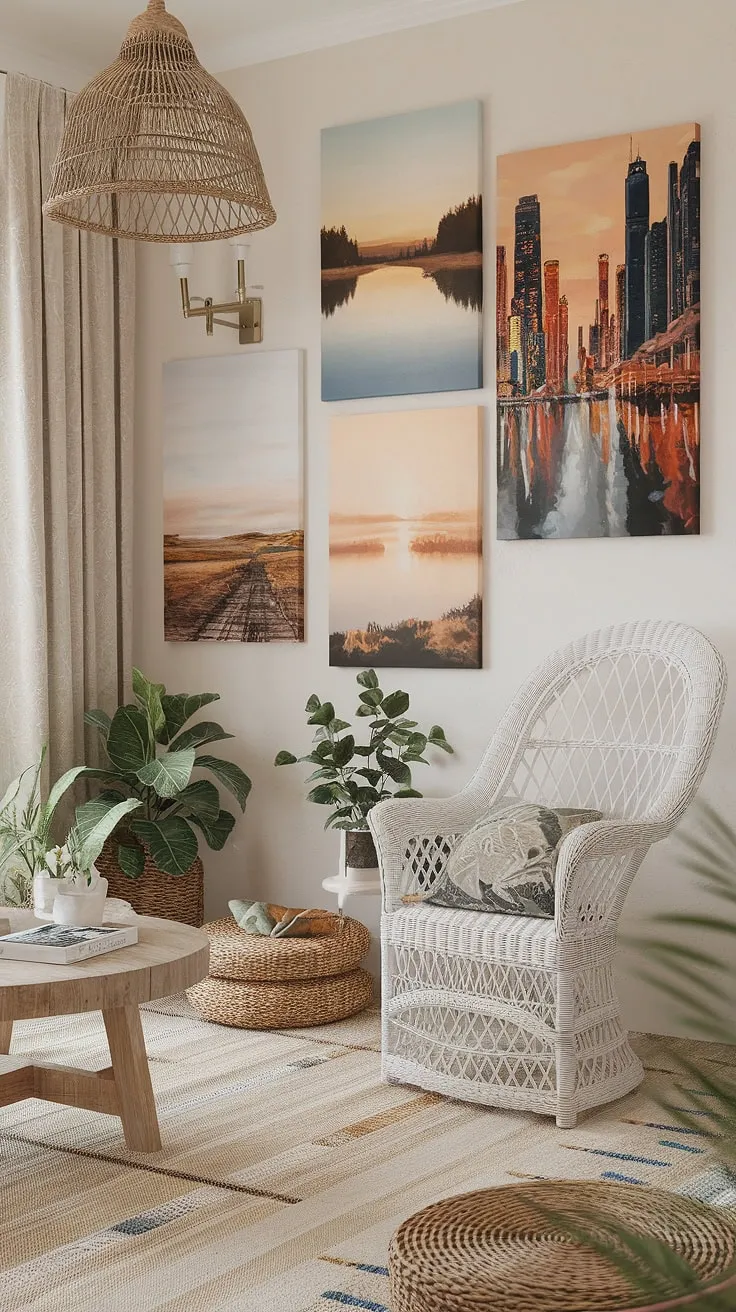 Coastal calm meets farmhouse charm in this serene beach room. The white wicker chair, wooden accents, and calming artwork create a space where relaxation meets rustic elegance. A perfect blend of textures and styles for a tranquil escape.