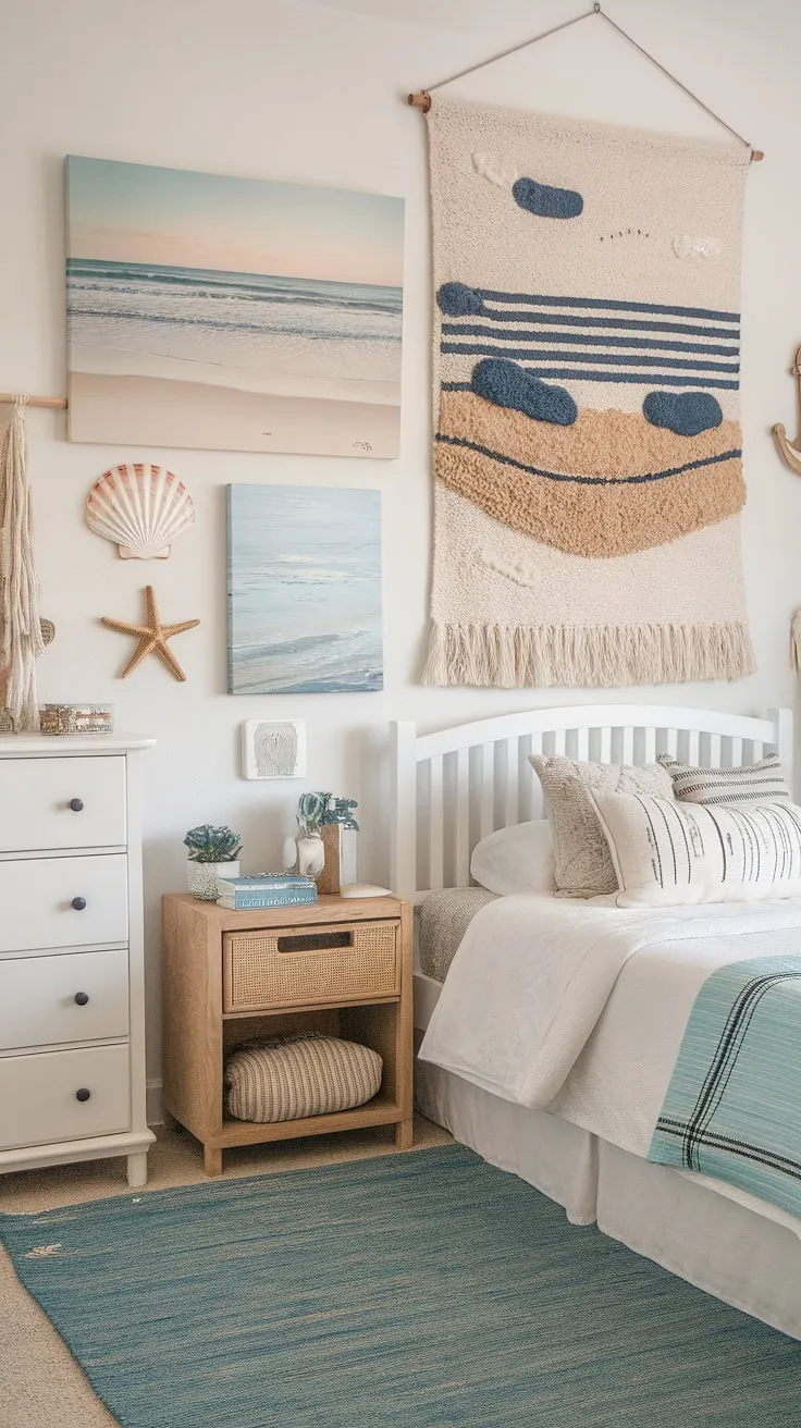 Coastal dreams meet farmhouse charm in this serene bedroom. The textured wall hanging, blue rug, and beach-themed artwork create a light and airy space where relaxation is effortless. A perfect blend of styles for a tranquil escape.