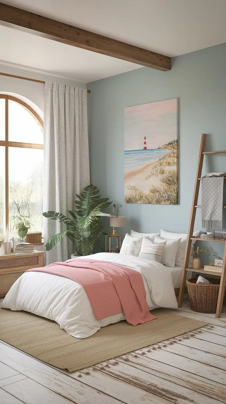 Coastal dreams meet farmhouse charm in this serene bedroom. The soft blues and whites, accented by the pink blanket and beach-themed art, create a tranquil escape where relaxation meets rustic elegance. A perfect blend of textures and styles, this space effortlessly combines the warmth of a farmhouse with the breezy feel of the coast.