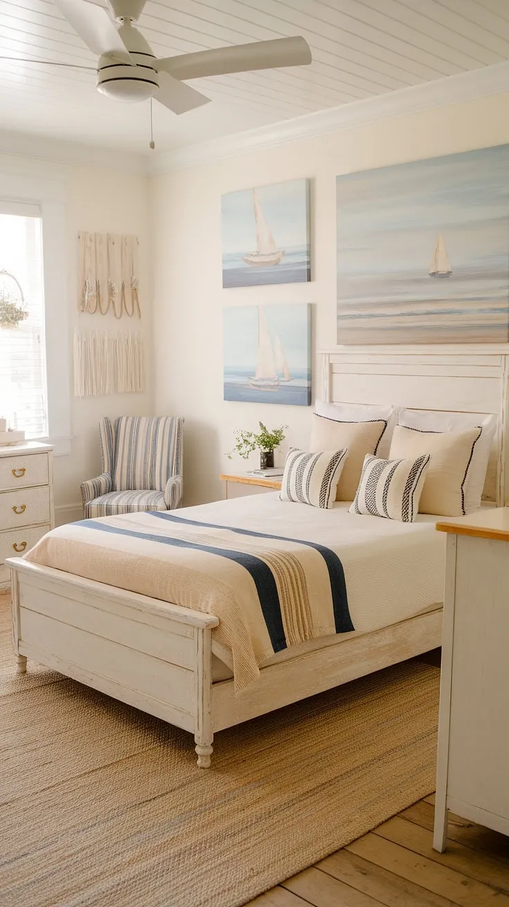Drift away to the seaside in this beautifully styled boho farmhouse bedroom. The airy white furniture, textured rugs, and calming beach artwork combine to create a space that's both inviting and effortlessly chic. A perfect sanctuary for relaxation and rejuvenation.