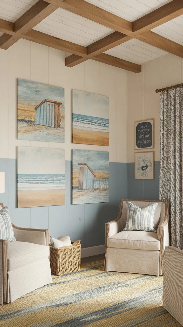 Coastal charm meets farmhouse coziness in this serene space. The calming beige and blue palette, accented by beach-inspired artwork and rustic wooden beams, creates a tranquil retreat where you can unwind and escape. A perfect blend of styles for a home filled with a warmth and effortless style.