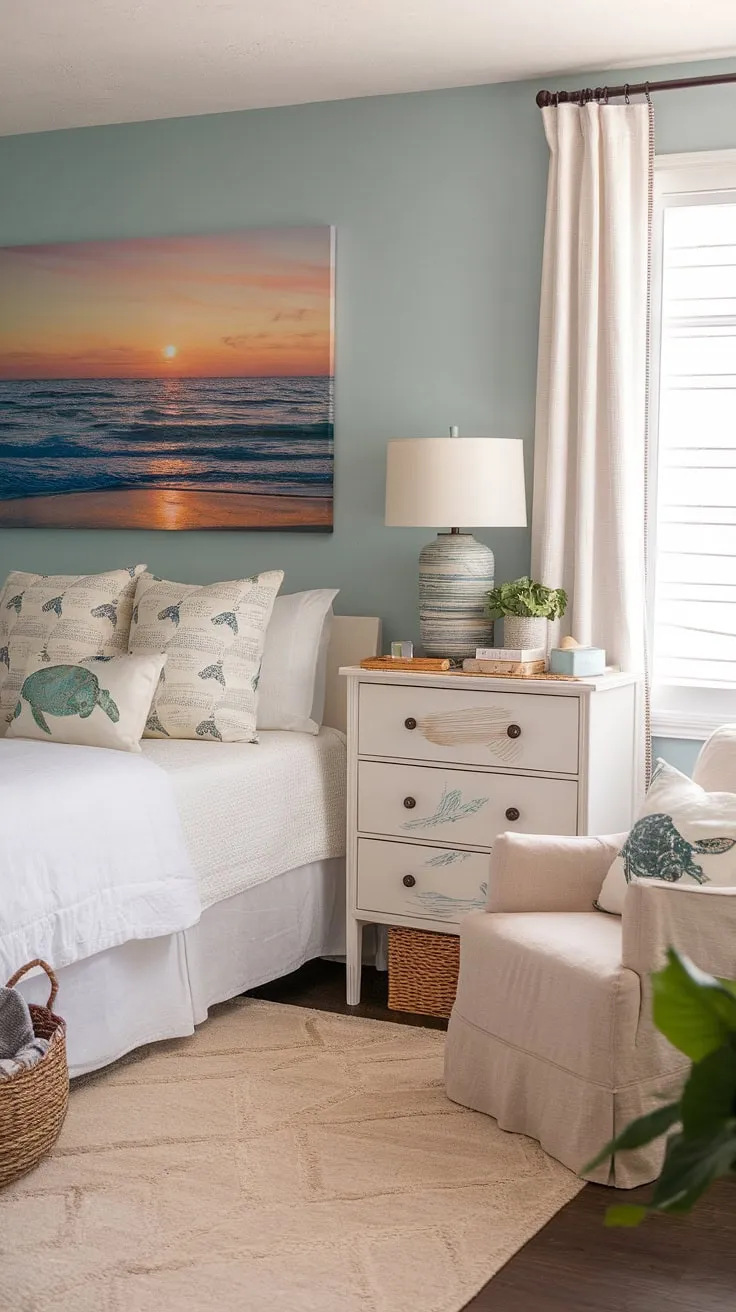 This boho farmhouse bedroom is a sanctuary of calm. A perfect blend of rustic farmhouse style and coastal accents, creating a space that's both inviting and effortlessly chic. A tranquil retreat where you can unwind and let the worries of the day drift away like the tide.
