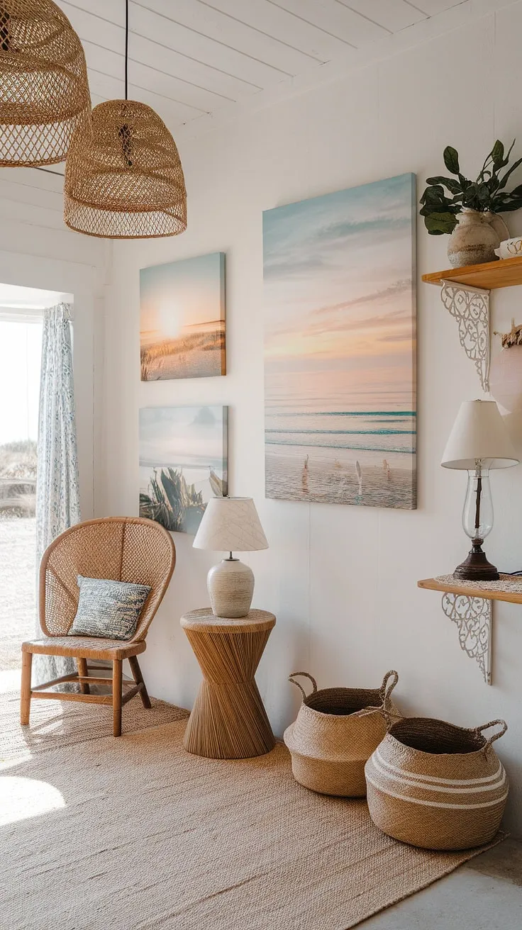 Coastal charm meets farmhouse tranquility in this sun-drenched space. The woven textures, driftwood accents, and serene beach art create a calming atmosphere, perfect for unwinding after a day spent by the sea. A blend of rustic and refined, this room effortlessly captures the spirit of relaxed coastal living.