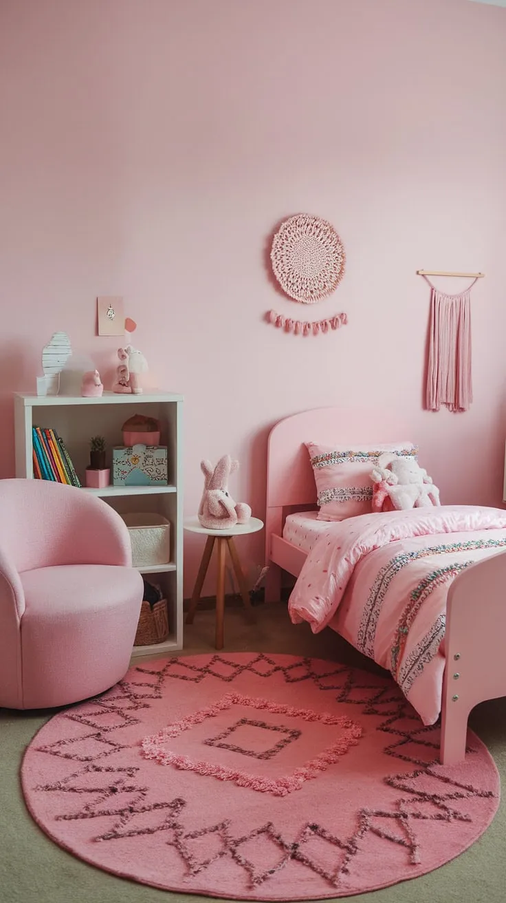 This pink boho toddler room is the epitome of calm and playful.  A perfect example of a simple toddler room girl, this space effortlessly blends boho style with essential toddler needs.  Find inspiration for your own boho girls room with this dreamy toddler room ideas girl boho.  Get your kids room inspo girl fix with this stunning boho bedroom kids girl, a beautiful boho kids bedroom girl, and explore unique toddler room themes girl.