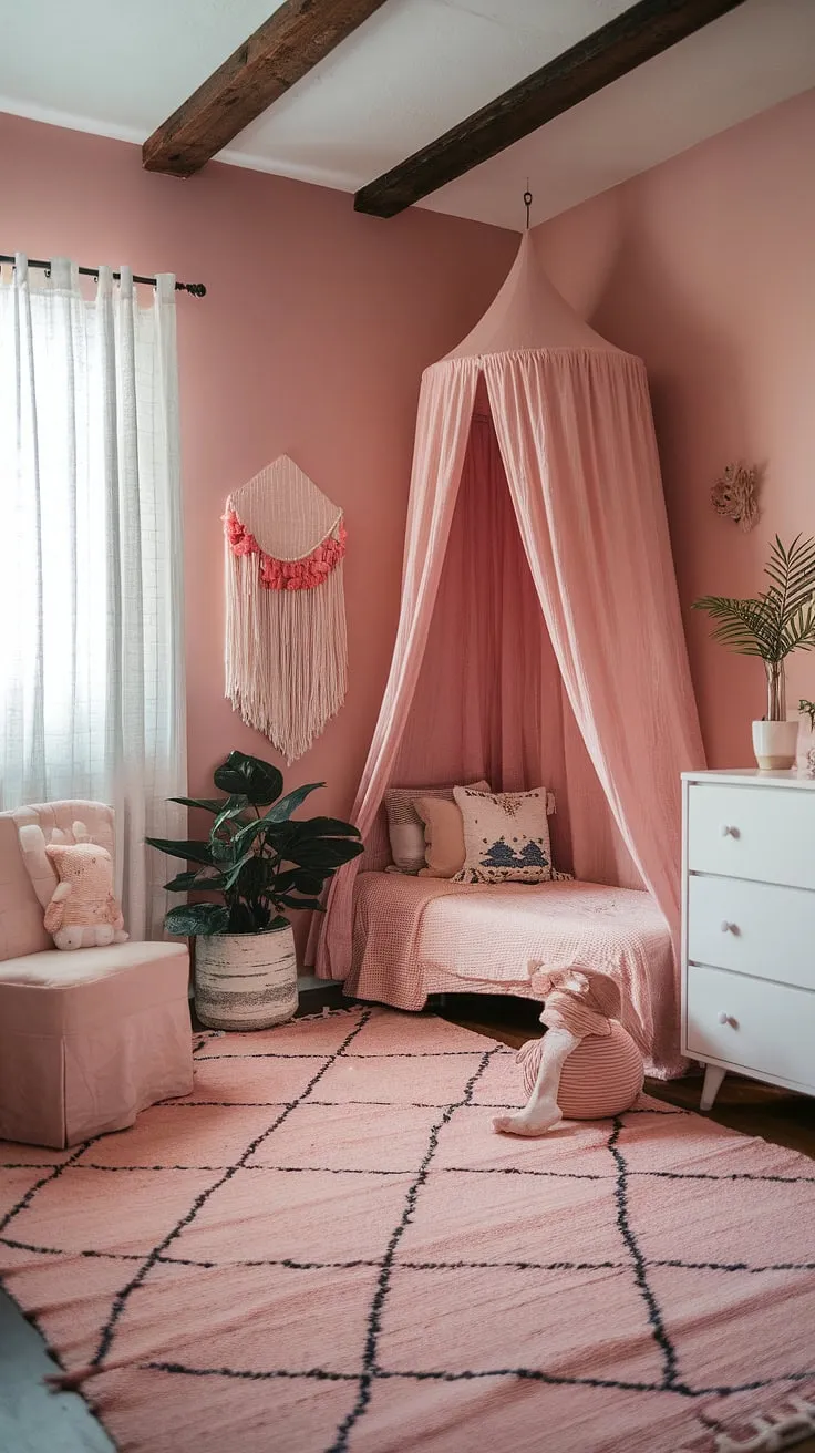 This pink boho toddler room is the ultimate boho kids bedroom girl haven.  From the canopy bed to the carefully curated details, this toddler room ideas girl boho is a testament to simple elegance.  Find inspiration for your own space with this kids room inspo girl.