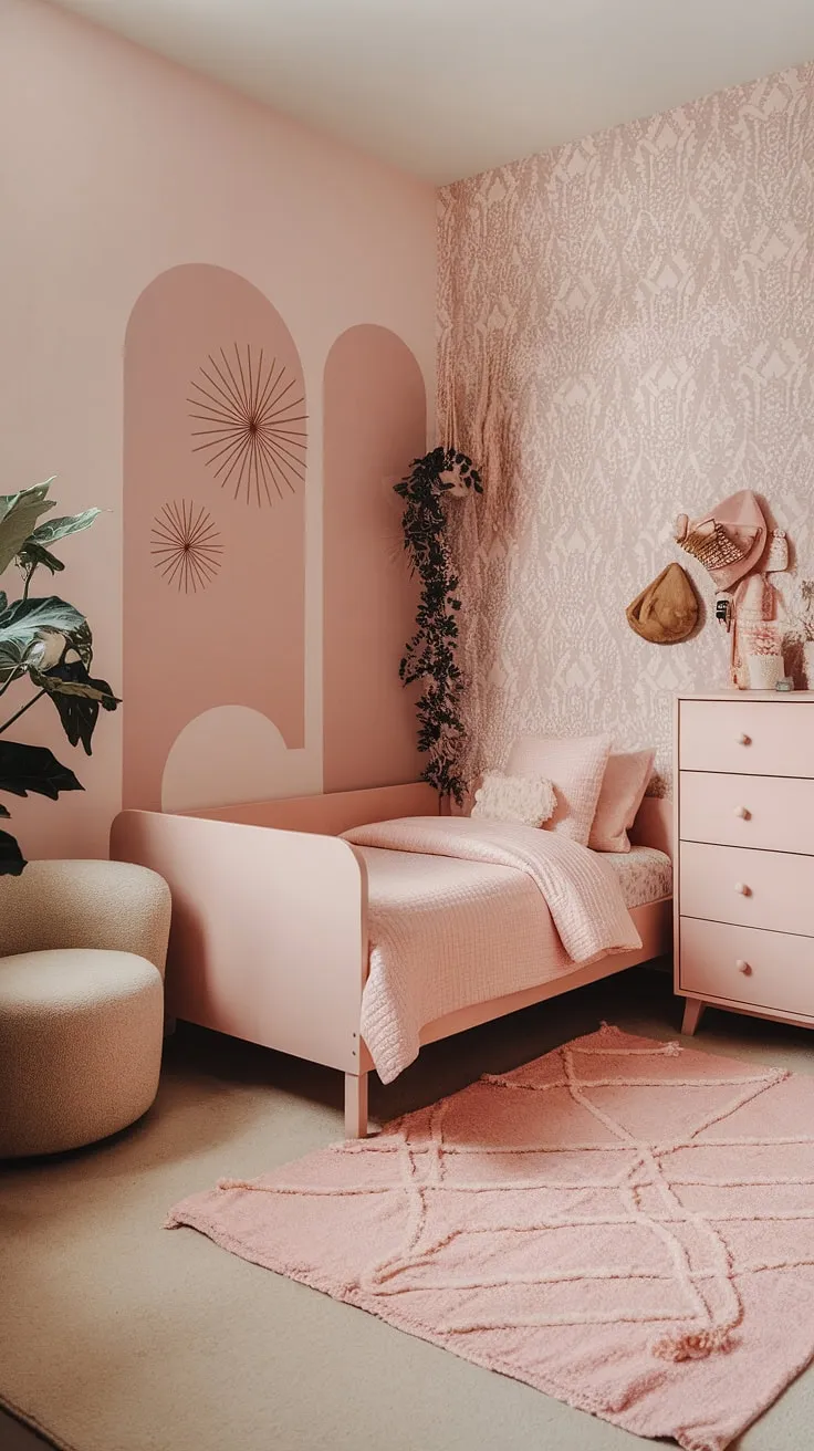 Sweet dreams are made of this: a pink boho toddler room, perfectly blending simple style with whimsical charm.  This boho girls room offers plenty of toddler room ideas girl boho, proving that less is more when it comes to kids room inspo girl. A dreamy space for a little one, showcasing boho bedroom kids girl and boho kids bedroom girl design at its finest. This simple toddler room girl is a testament to the beauty of understated toddler room themes girl.