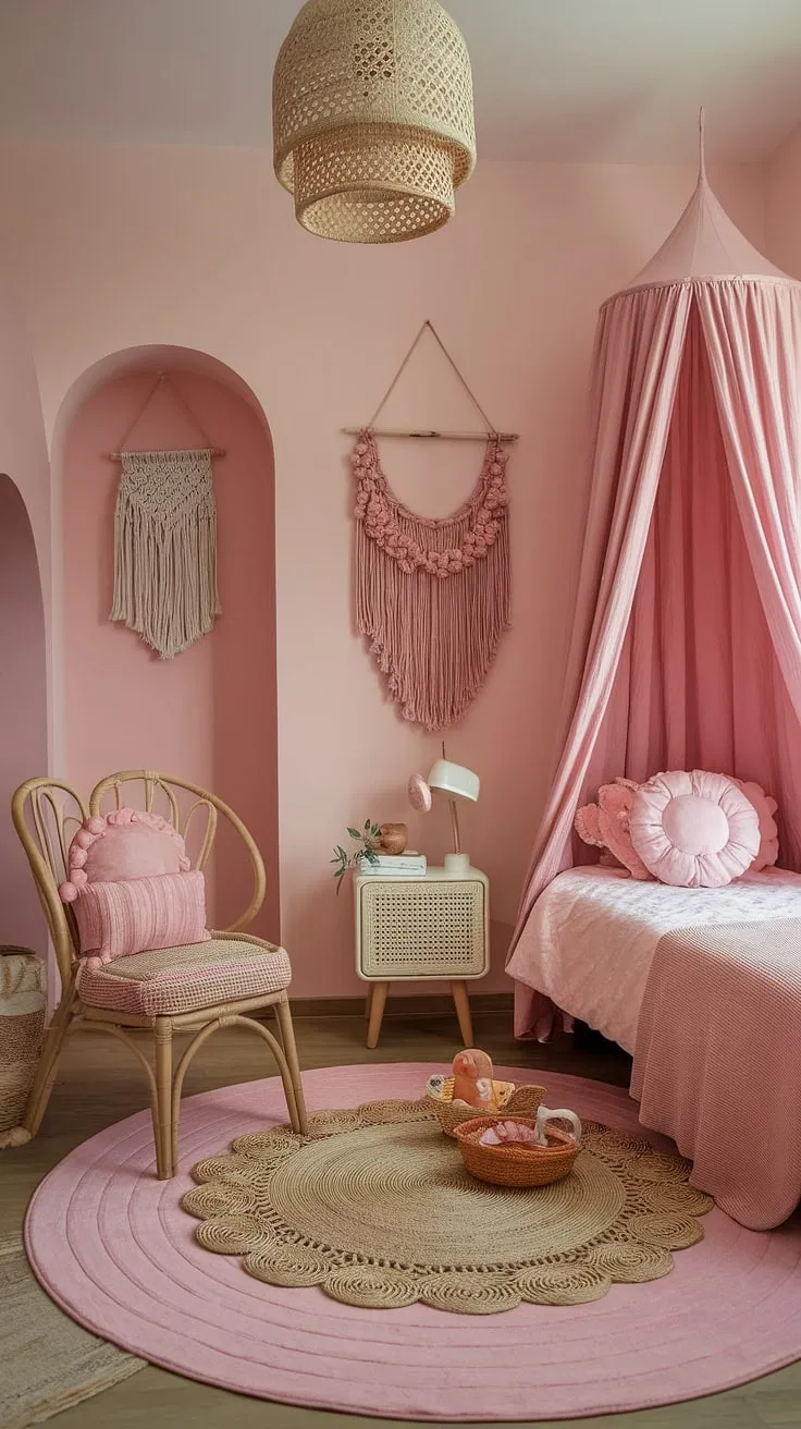This simple toddler room girl is a haven of boho chic.  Boho girls room inspiration at its finest, this toddler room ideas girl boho design is perfect for little ones.  The soft pink palette and carefully curated details make it a truly enchanting boho kids bedroom girl, brimming with kids room inspo girl.