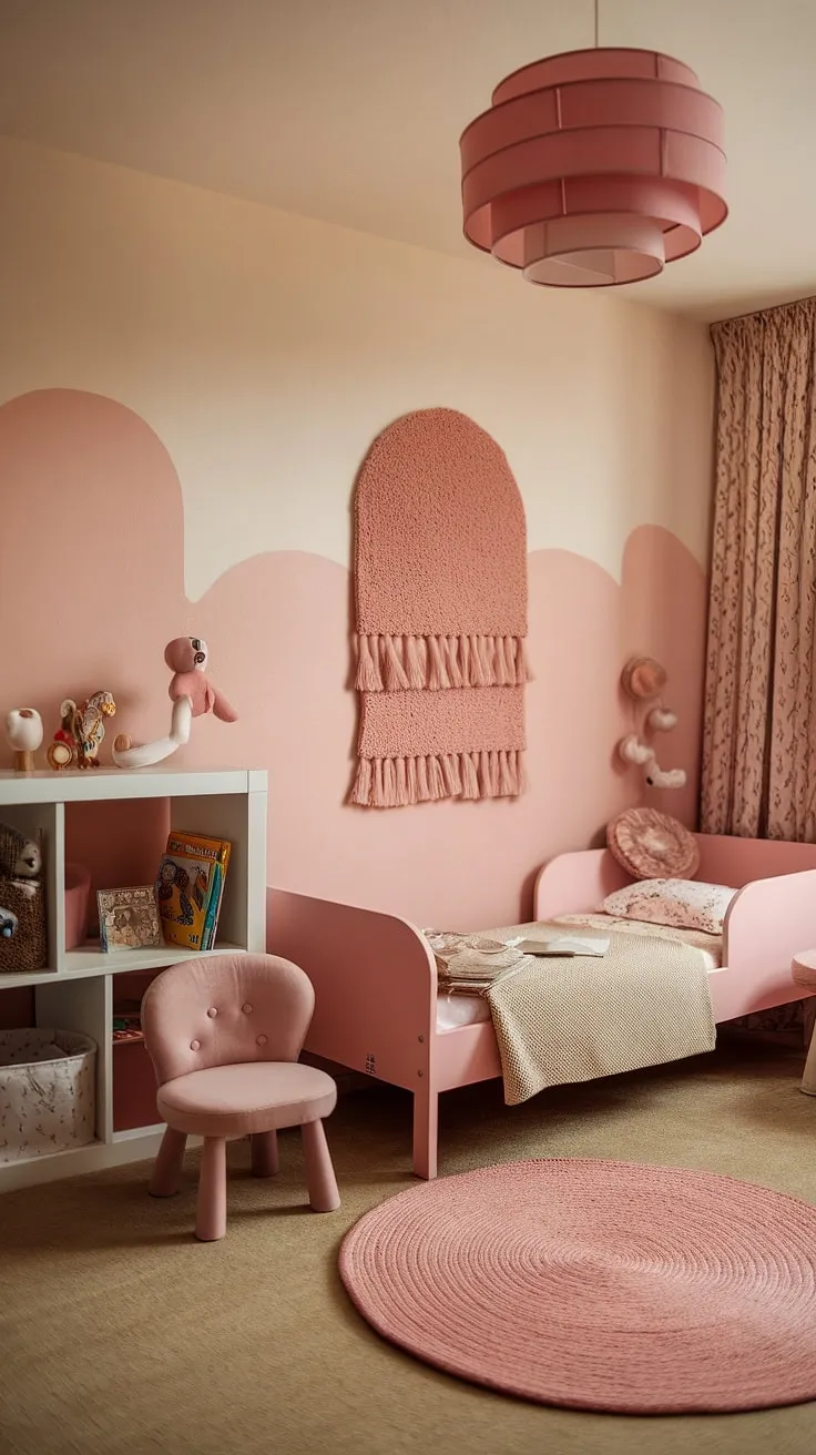 This boho bedroom kids girl is the epitome of understated elegance.  Soft lighting and a neutral palette bring a sense of peace to this boho kids bedroom girl.  Explore charming toddler room themes girl with this pink boho toddler room, a space brimming with gentle boho vibes.