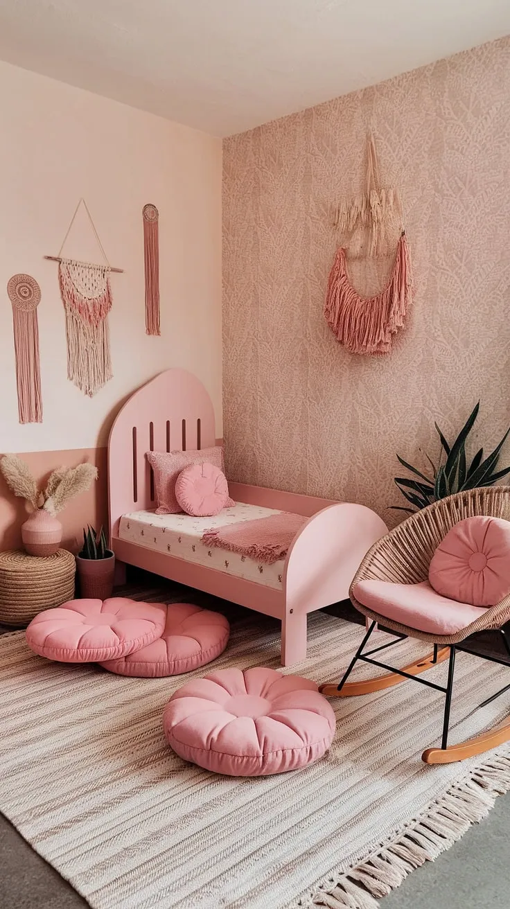 Dreamy pink hues and playful textures create the perfect boho girls room. This simple toddler room girl design offers plenty of kids room inspo girl, blending boho bedroom kids girl style with practical toddler room themes girl for a space that's both stylish and functional.