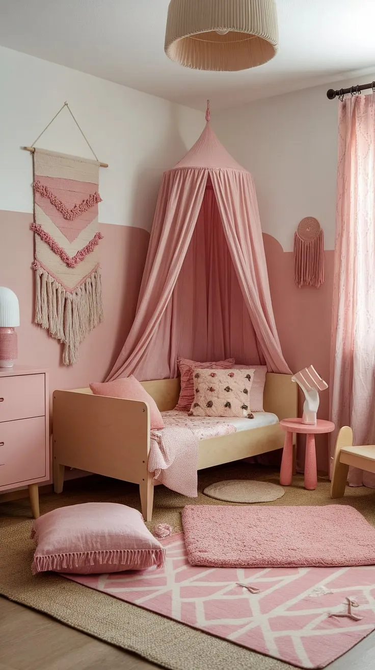 Dreamy and delicate, this pink boho toddler room is the perfect blend of simple style and whimsical charm.  It's overflowing with kids room inspo girl, offering a serene space for little ones to grow. This boho girls room showcases effortless toddler room ideas girl boho and serves as a beautiful example of boho bedroom kids girl and boho kids bedroom girl design.  The carefully curated toddler room themes girl create a space that's both playful and peaceful.