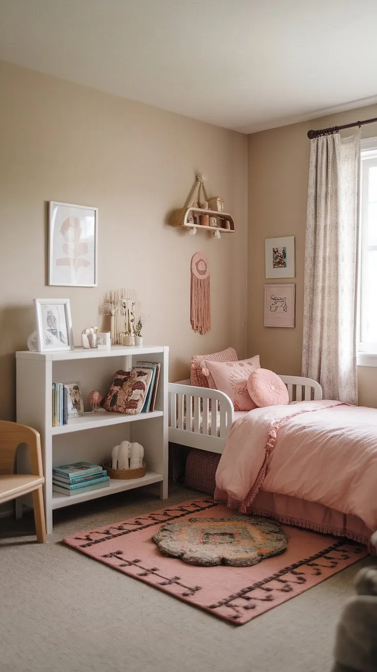 This boho kids bedroom girl is a testament to effortless chic.  A simple toddler room girl design, it's brimming with toddler room ideas girl boho, creating a haven of calm and creativity.  The perfect example of a boho bedroom kids girl, this space is pure inspiration.