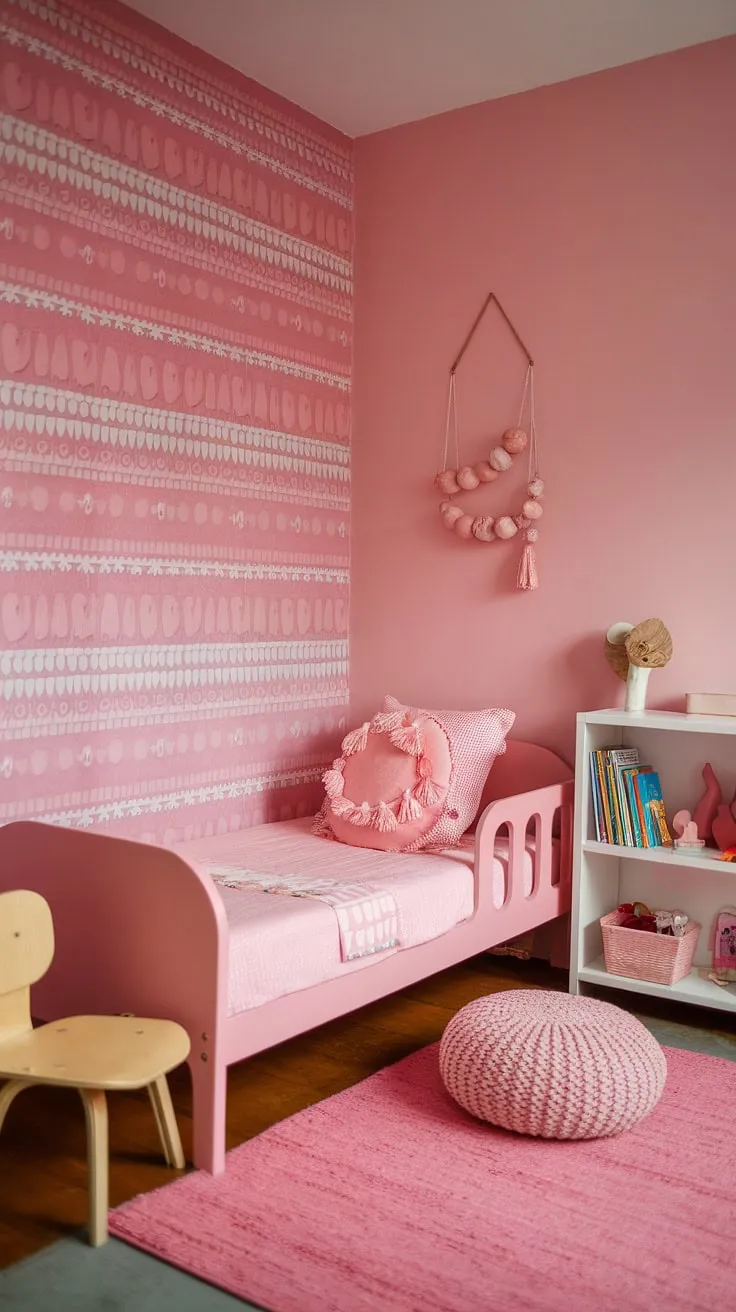 This pink boho toddler room is the epitome of simple toddler room girl style.  Boho kids bedroom girl vibes abound in this charming space, showcasing effortless boho bedroom design.  Get inspired by this toddler room ideas girl boho and create a haven of calm for your little one.  The perfect pink boho toddler room for your sweet girl.