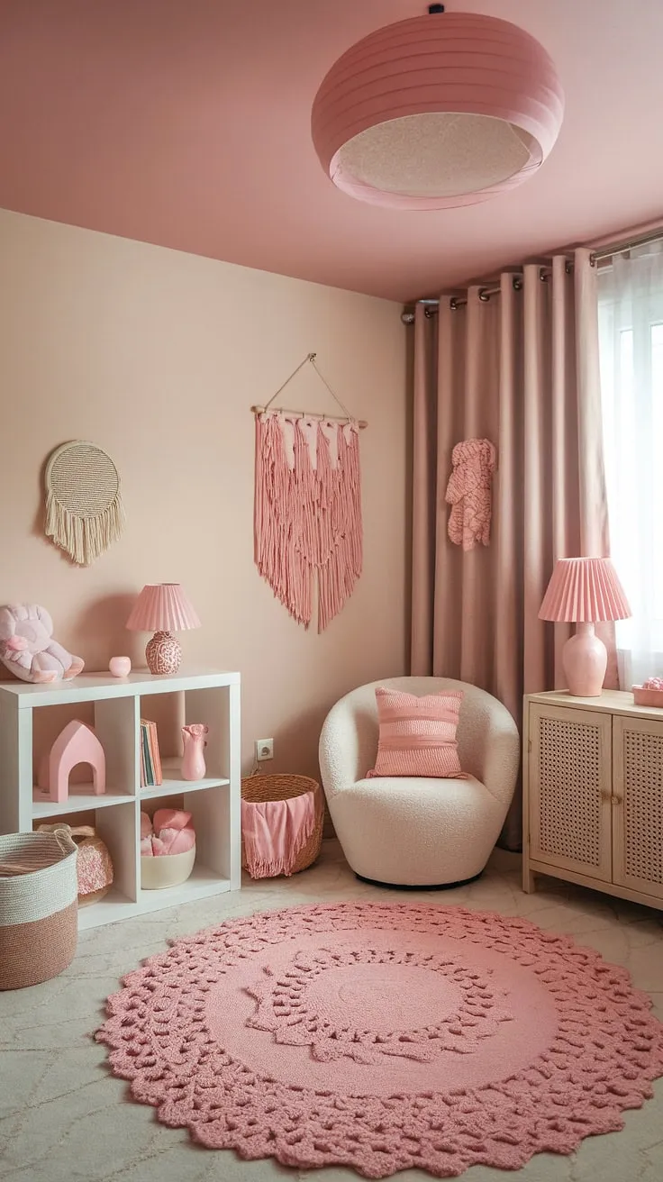 Dreamy and simple, this pink boho toddler room is the perfect blend of style and comfort.  A haven of inspiration for boho girls' rooms, it offers plenty of toddler room ideas for a girl's space, showcasing beautiful boho kids bedroom girl designs.  This kids room inspo girl will love the calming atmosphere and thoughtful details.  Explore toddler room themes girl and create a space as unique and enchanting as your little one.