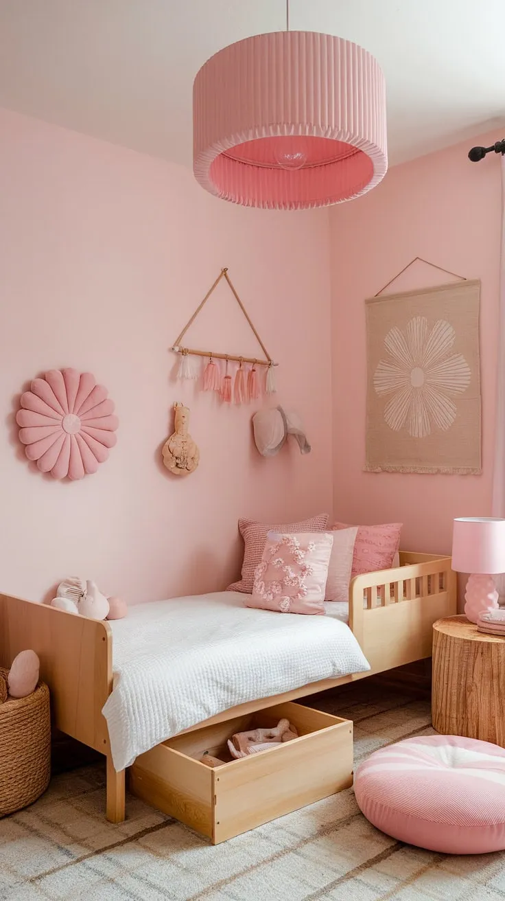 Dreamy and delicate, this pink boho toddler room is the perfect blend of simple style and whimsical charm.  It's overflowing with kids room inspo girl, offering a calming space for little ones to grow.  A beautiful example of boho girls room and toddler room ideas girl boho, this space showcases boho bedroom kids girl and boho kids bedroom girl themes effortlessly.