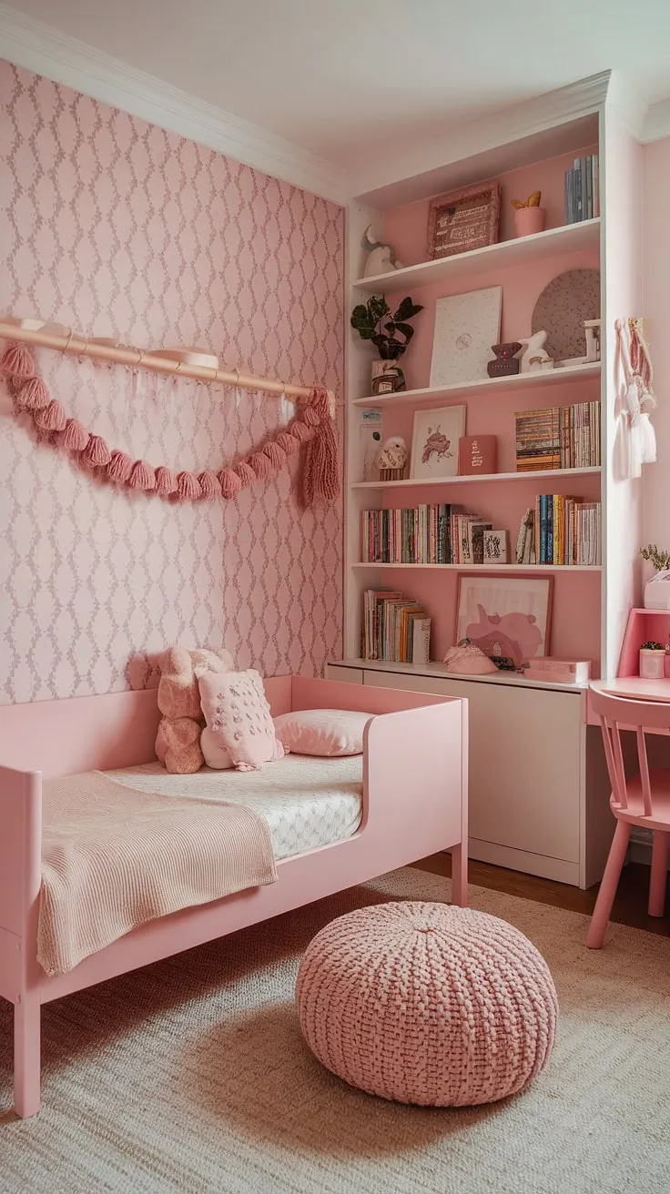 This simple toddler room girl is a haven of boho chic.  Perfect for a little one, this boho kids bedroom girl boasts a calming pink boho toddler room aesthetic, offering plenty of toddler room ideas girl boho and serving as excellent kids room inspo girl.