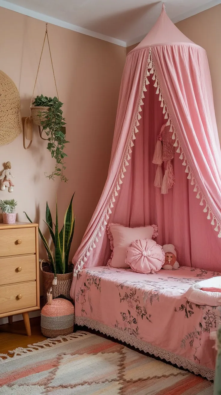 This simple toddler room girl is a testament to the beauty of understated boho style.  Soft pinks and natural textures create a calming atmosphere in this pink boho toddler room, making it the ultimate boho girls room.  Full of toddler room ideas girl boho, this space is a treasure trove of kids room inspo girl, showcasing a sophisticated take on boho kids bedroom girl and boho bedroom kids girl design.  A perfect example of toddler room themes girl.