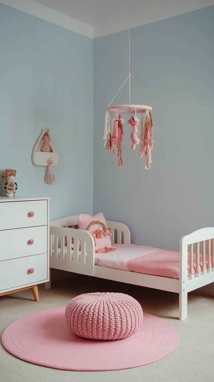 This pink boho toddler room is the epitome of calm and playful.  The light blue walls and simple design create a serene atmosphere, making it the perfect boho girls room.  Find inspiration for your own toddler room ideas girl boho with this kids room inspo girl.  A stunning example of a simple toddler room girl and a beautiful boho bedroom kids girl, this space showcases effortless style within the context of popular toddler room themes girl.