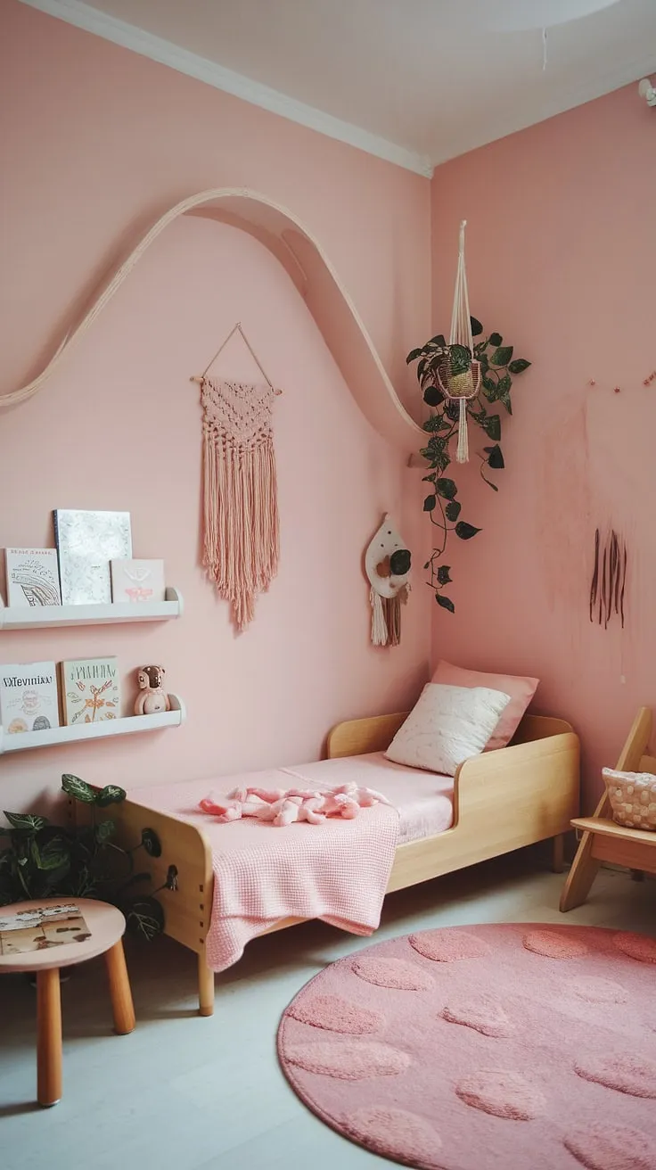 Dreamy and delicate, this pink boho toddler room offers a simple yet stylish space for a little girl to grow.  It's the perfect blend of boho girls room charm and practical toddler room ideas girl, providing plenty of kids room inspo girl for parents seeking a serene and playful atmosphere. This boho bedroom kids girl showcases a beautiful toddler room themes girl, effortlessly combining comfort and style.