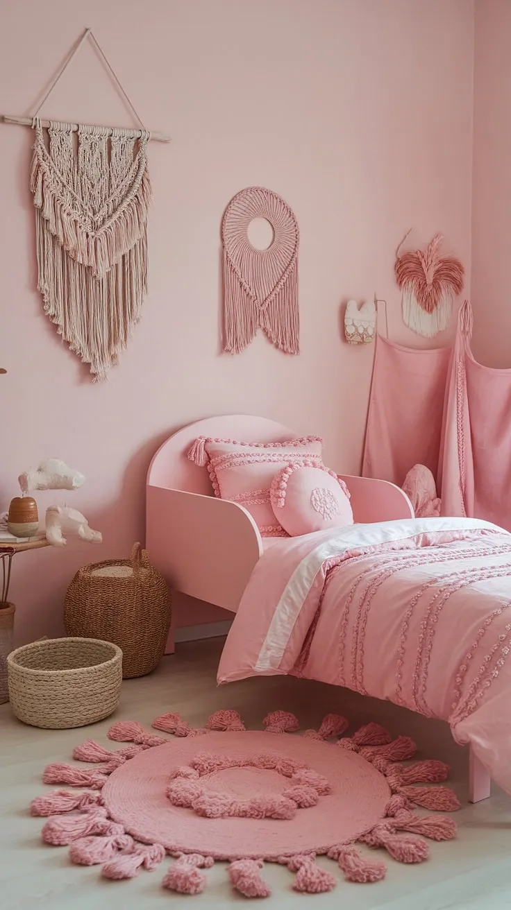 Dreamy and simple, this pink boho toddler room is the perfect blend of style and comfort.  A haven of inspiration for boho girls' rooms, it offers plenty of toddler room ideas for a girl's space, showcasing the best in kids room inspo girl.  This boho bedroom for kids girls is a testament to how easy it is to create a beautiful and functional simple toddler room girl, proving that less is more when it comes to toddler room themes girl.